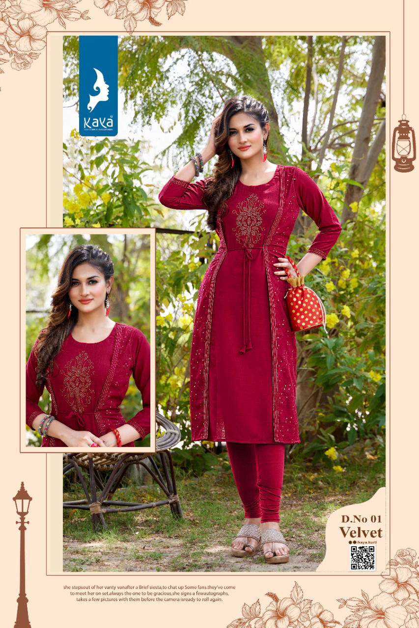 Kaya Velvet Fancy Wear Rayon Stylish Designer Kurti With Jacket Collection